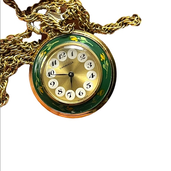 Vintage Caravelle Necklace watch green enamel bird flowers - Picture 13 of 15